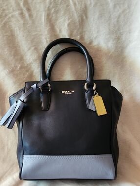 Coach Navy Leather Satchel with Light Blue Accent and Yellow Tag